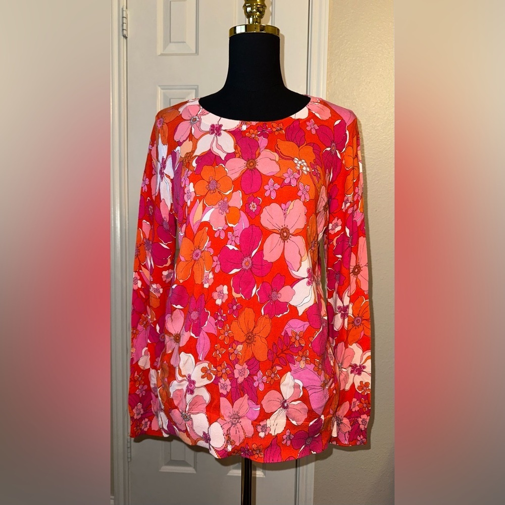 Talbots Floral Pullover Sweater Medium Red Pink White Orange Cotton Rayon